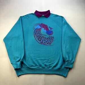 Vintage Peacock Art Sweatshirt Adult XL Teal Blue Bird Nature Animals USA 90s